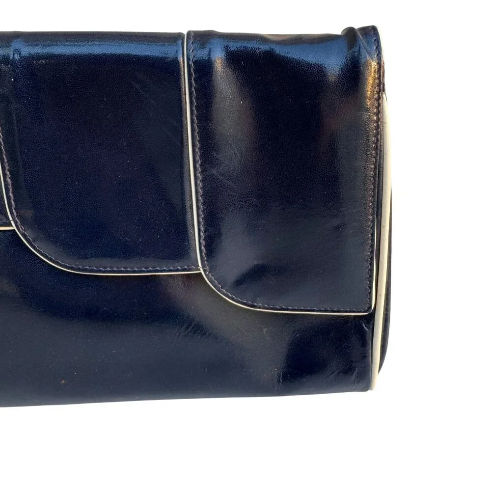 Bullocks Vintage 70s Patent Leather Clutch‎ Bag Made Italy Asymmetric Flap Navy
